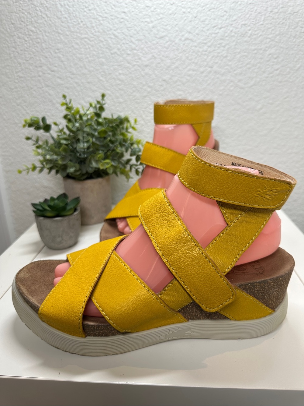 FLY London Mustard Yellow Leather Strappy Wedge Sandals EU 40